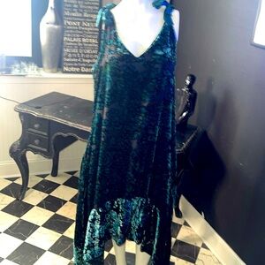 High-Low Velvet Slip Dress in Teal Blue